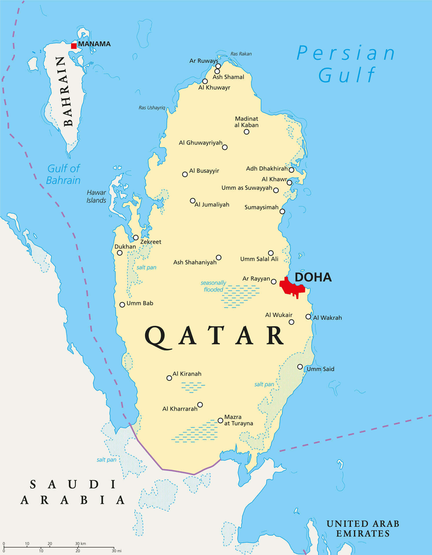 Baskent Doha ile Katar Siyasi Haritasi
